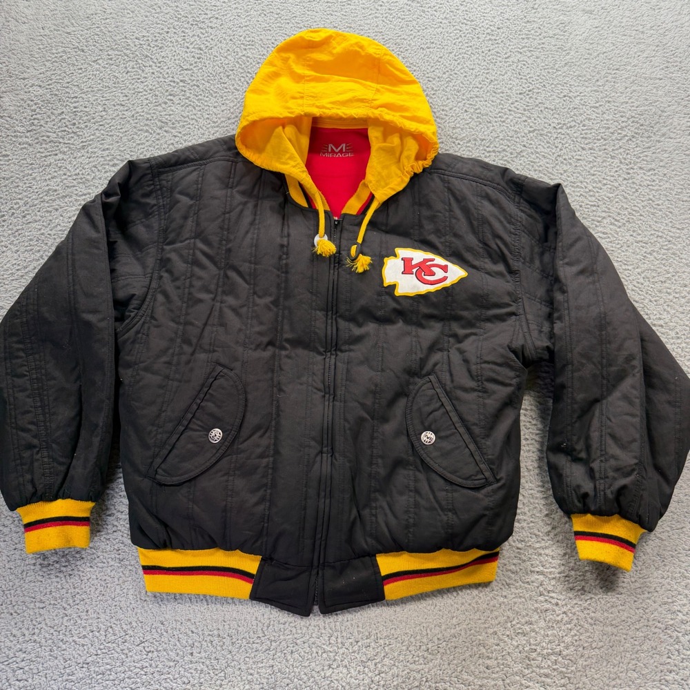 Mirage Kansas City Chiefs Jacket Mens XL Black Red Reversible Hooded Quilted Vtg